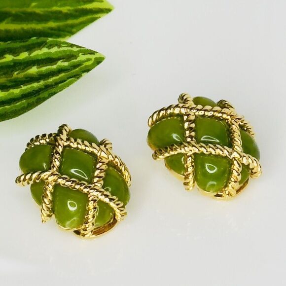 Vintage KJL Kenneth J Lane Earrings Gold Rope Quilted Green Lucite Clip On 1133 - Picture 3 of 15